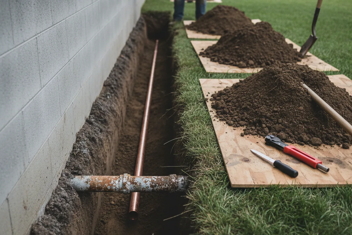 Excavated water line trench during Water Softener Installation in West Middletown